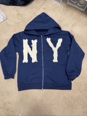 Navy Zip-Up Hoodie with White 'NY' Appliqué
